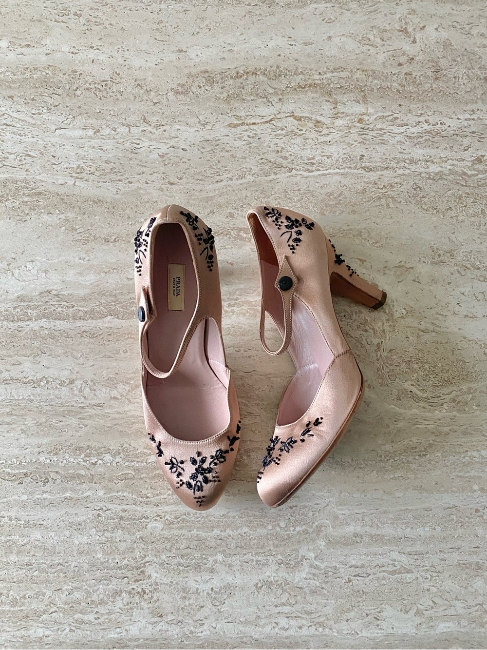 Vintage Prada Satin Beaded Mary Jane Round Toe Pumps